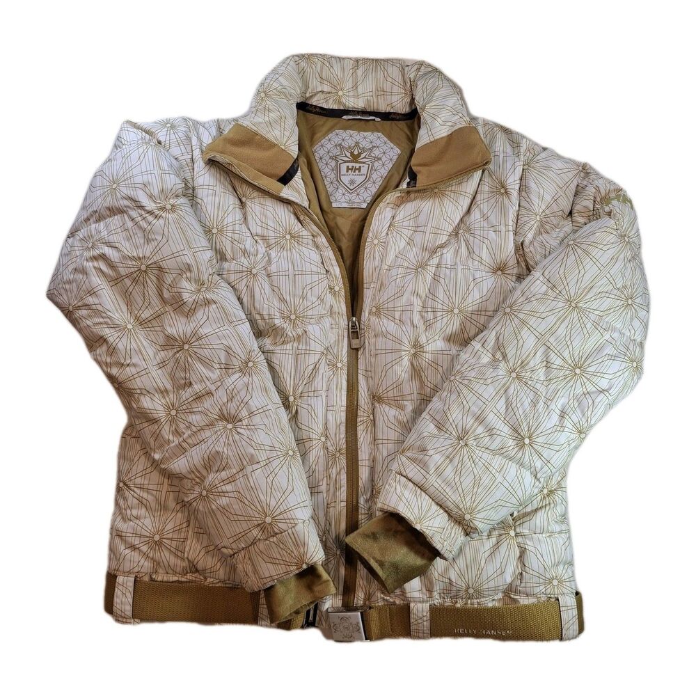 Helly Hansen Down Puffer Winter Ski Jacket Women Large Gold White Belted No Hood